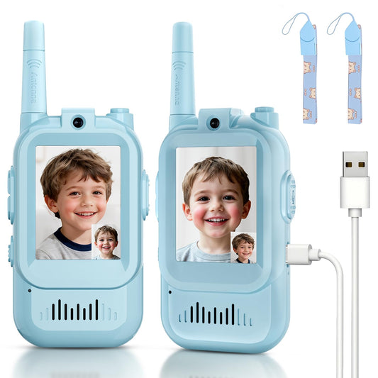 MINIBEAR video walkie talkie blue front view shows compact, kid friendly design for easy play