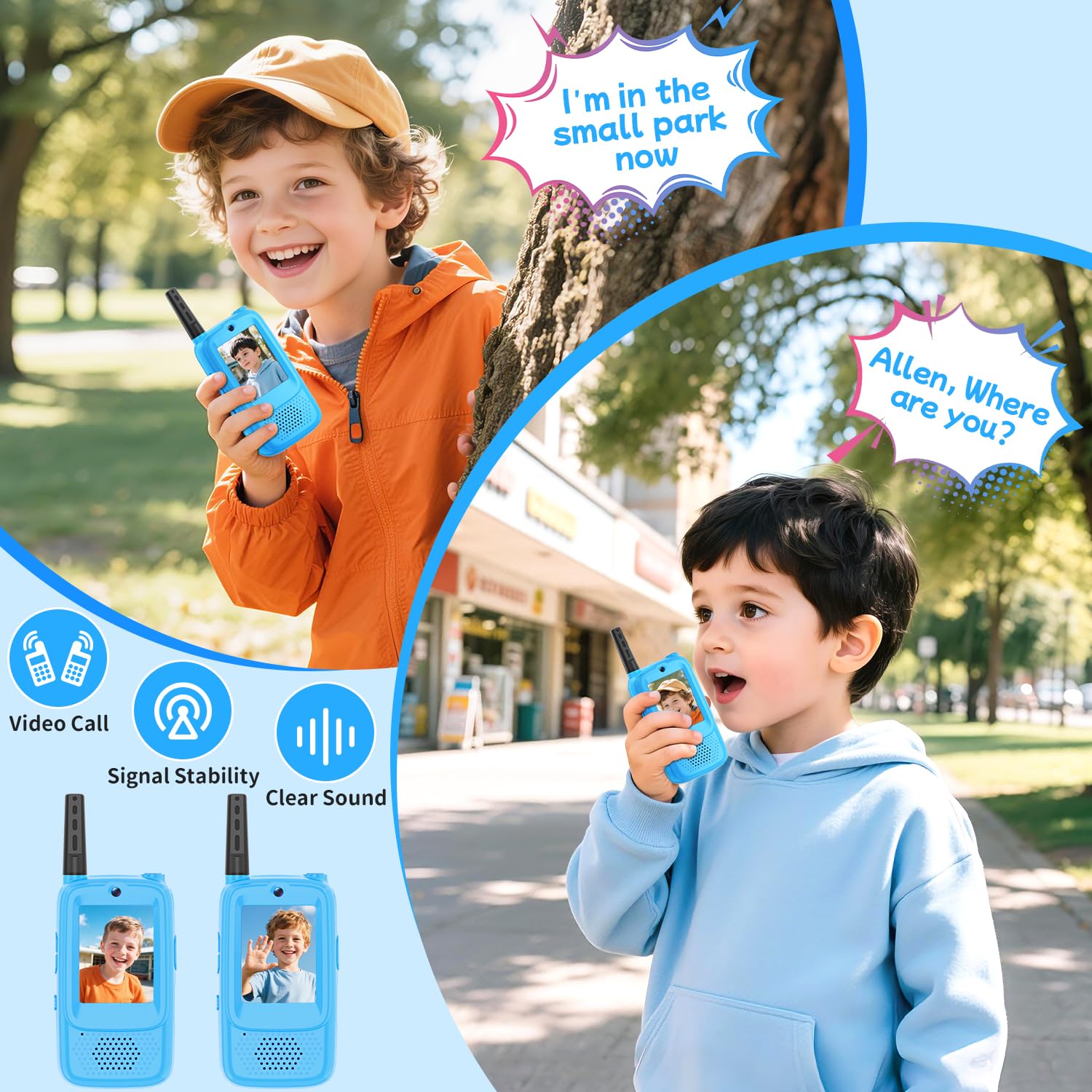 MINIBEAR video walkie talkies display for real time video calls during outdoor activities.