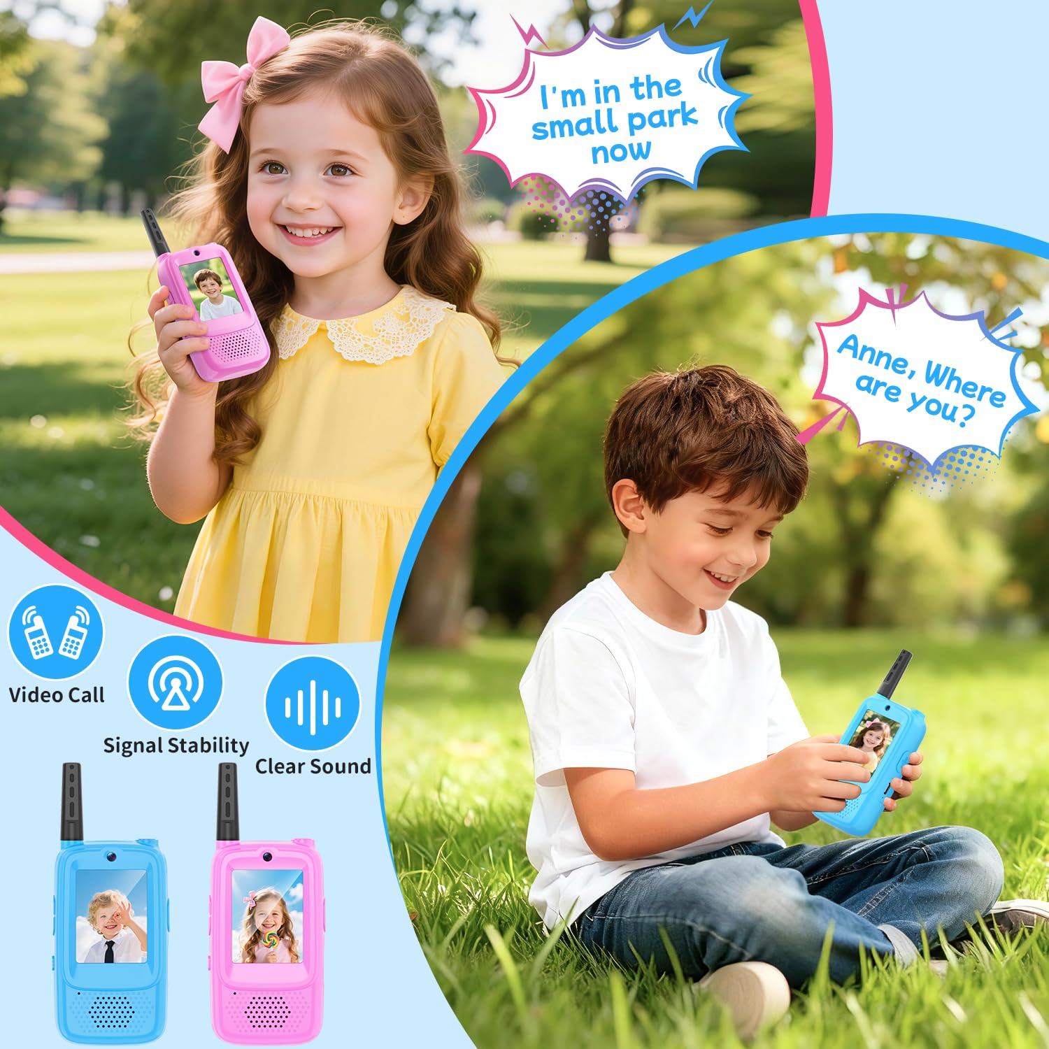 MINIBEAR video walkie talkies used outdoors for easy communication during activities.