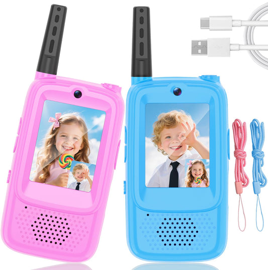 MINIBEAR video walkie talkies for kids in a two-pack ready for outdoor adventures.