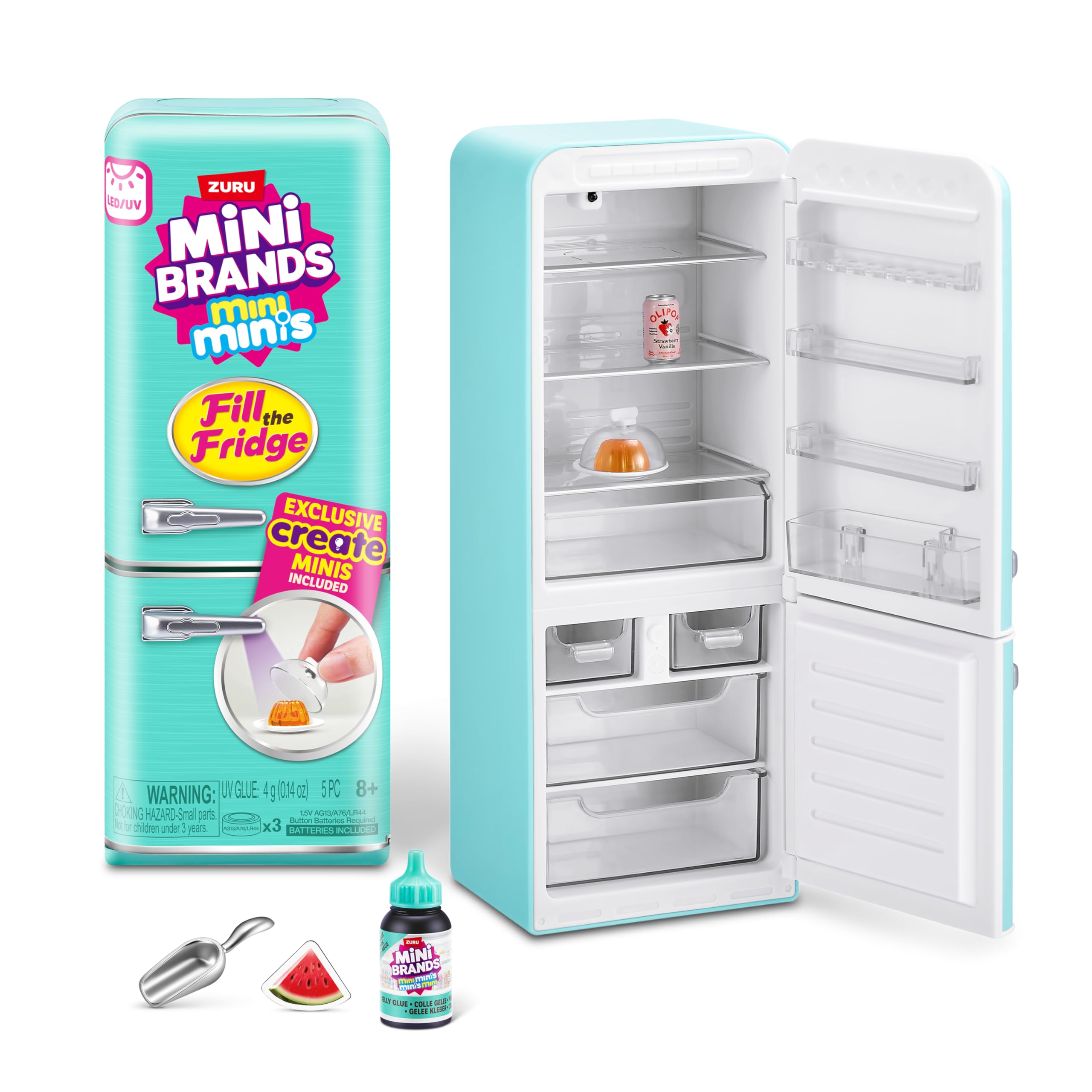 Mini Brands fridge with UV light on for illuminated display of miniatures.