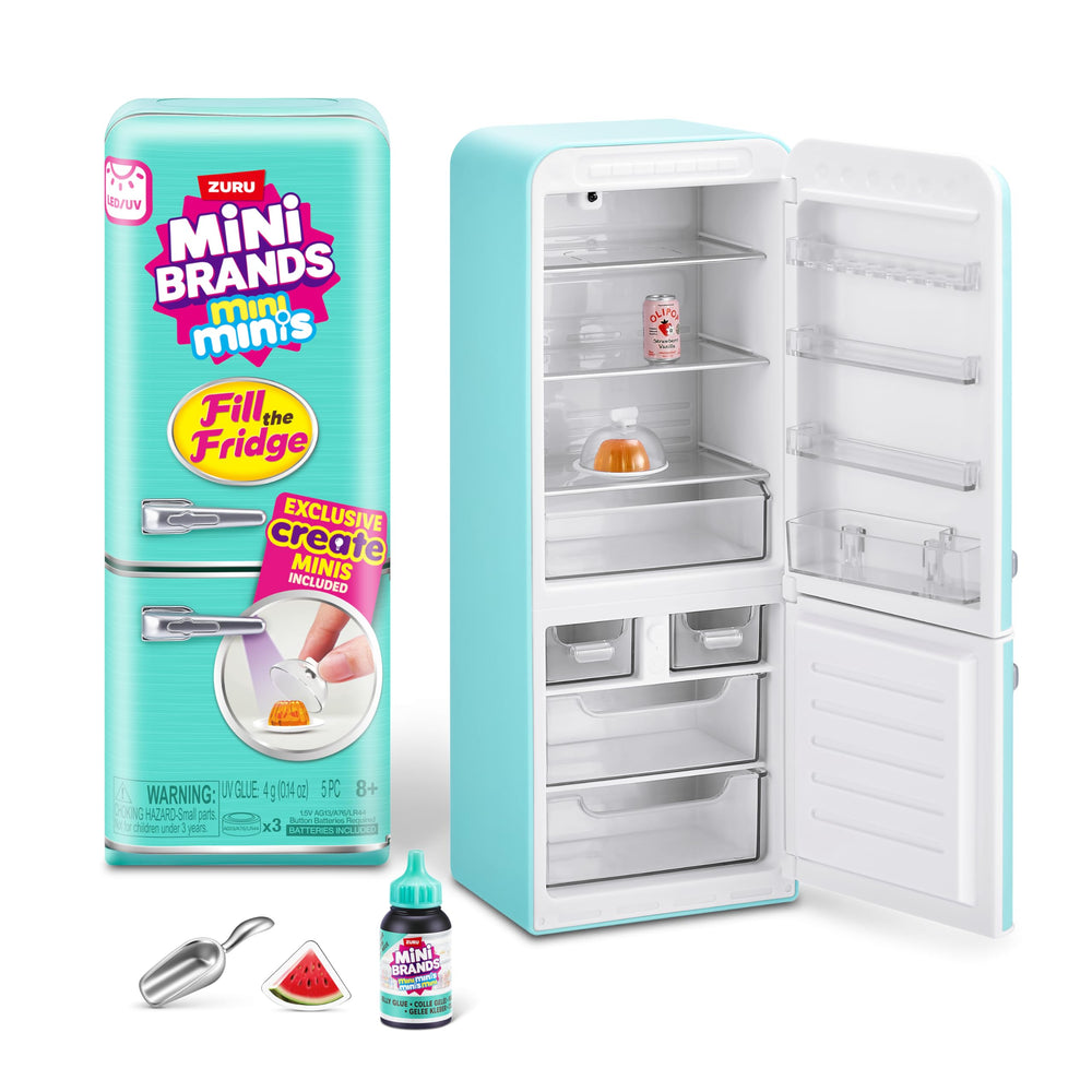 Mini Brands fridge with UV light on for illuminated display of miniatures.