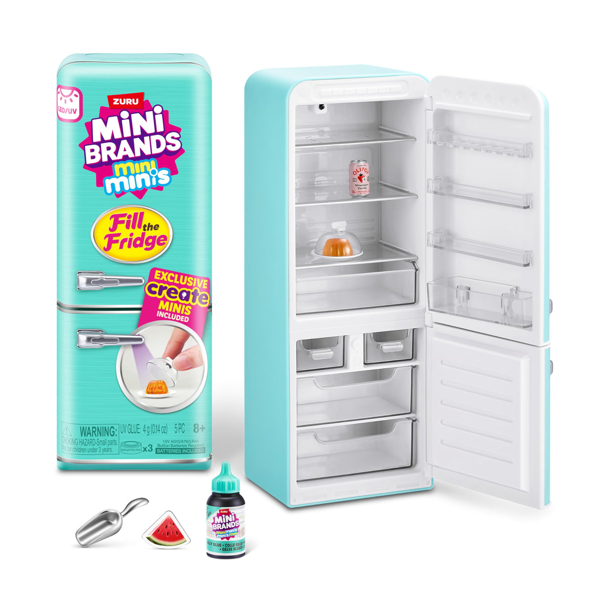 Mini Brands fridge with UV light on for illuminated display of miniatures.