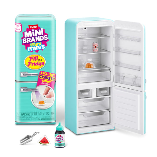 Mini Brands fridge with UV light on for illuminated display of miniatures.