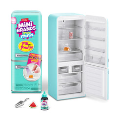 Mini Brands fridge with UV light on for illuminated display of miniatures.