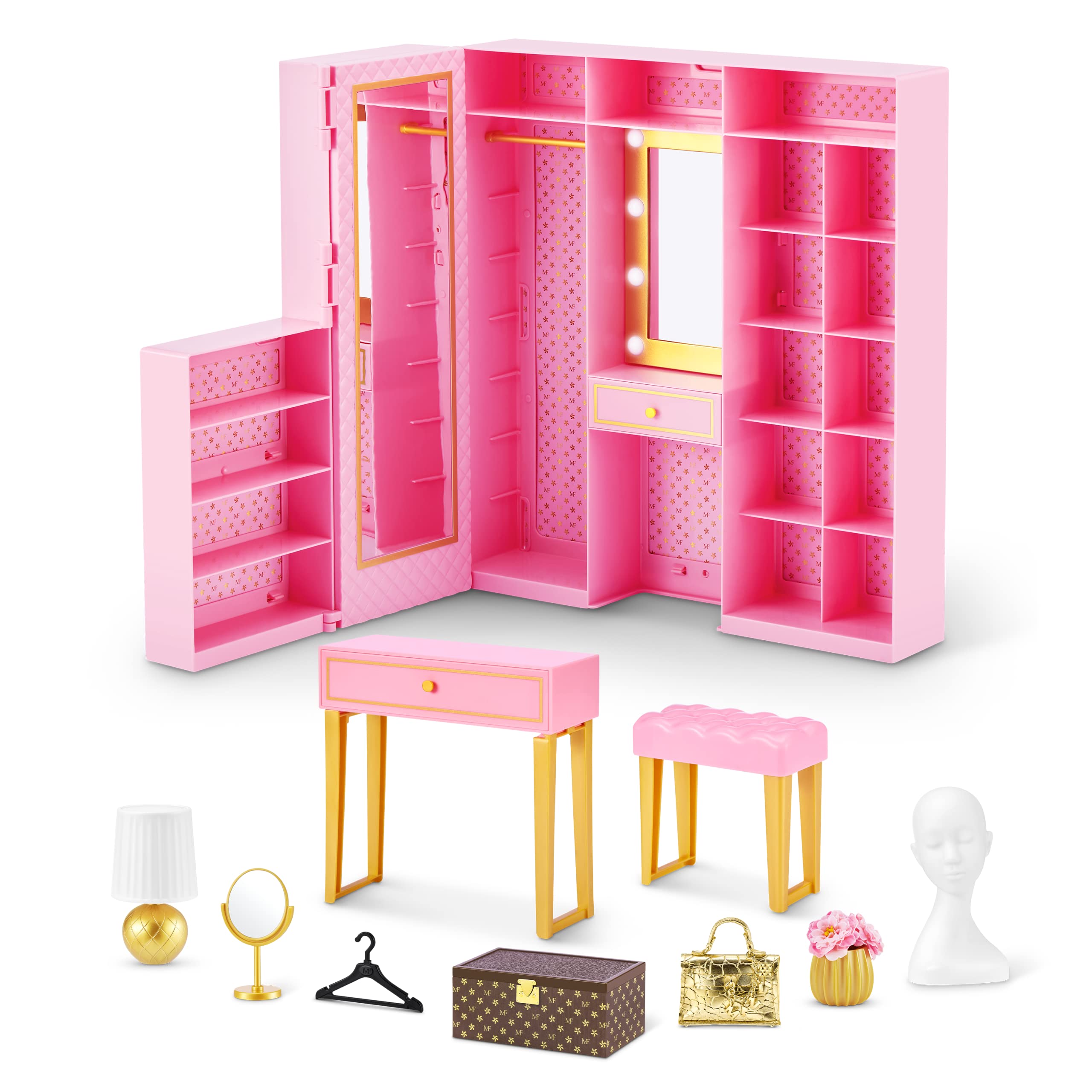 Light-up vanity mirror helps aspiring stylists prepare outfits.
