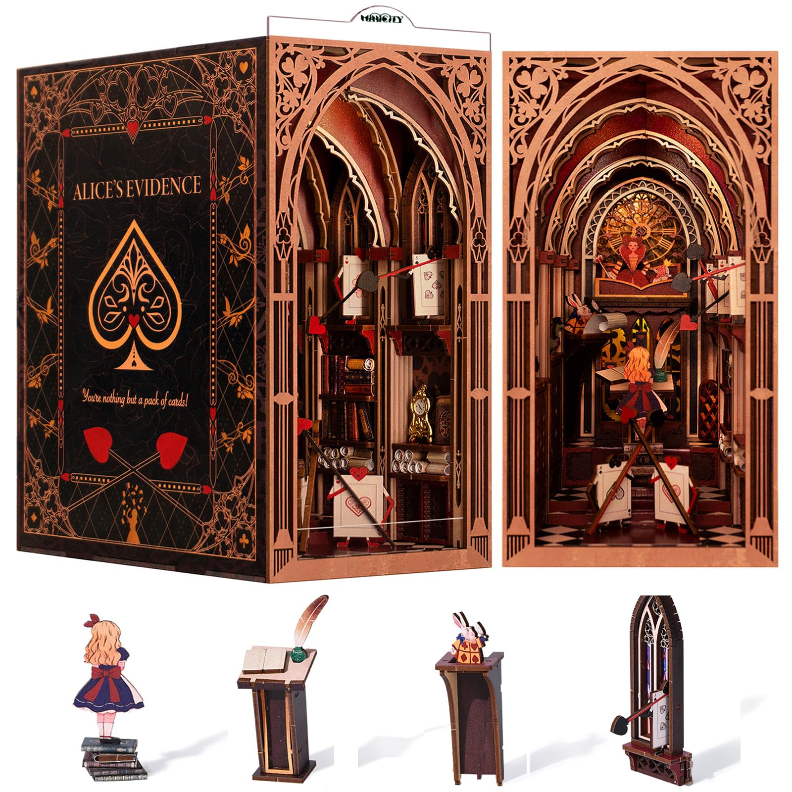 MiniCity Alice in Wonderland booknook kit with diorama enhances shelves with cozy storytelling glow.