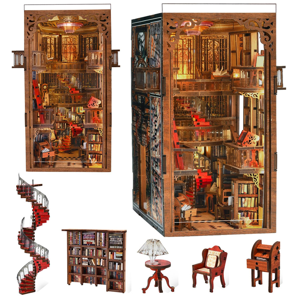MiniCity Book Nook Abbey Library setup on a shelf with warm LED glow.