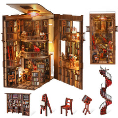MiniCity Book Nook Kit abbey library side view showing premium wood frame.