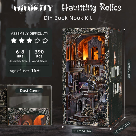 MiniCity Book Nook Kit coffins and haunted motifs create atmospheric bookends.