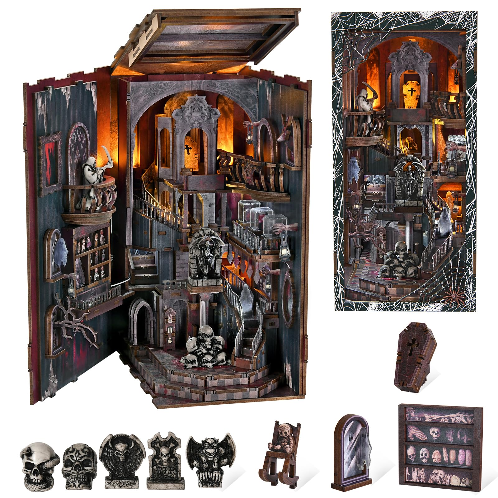 MiniCity Book Nook Kit featuring eerie ghosts enhances a haunted shelf display.