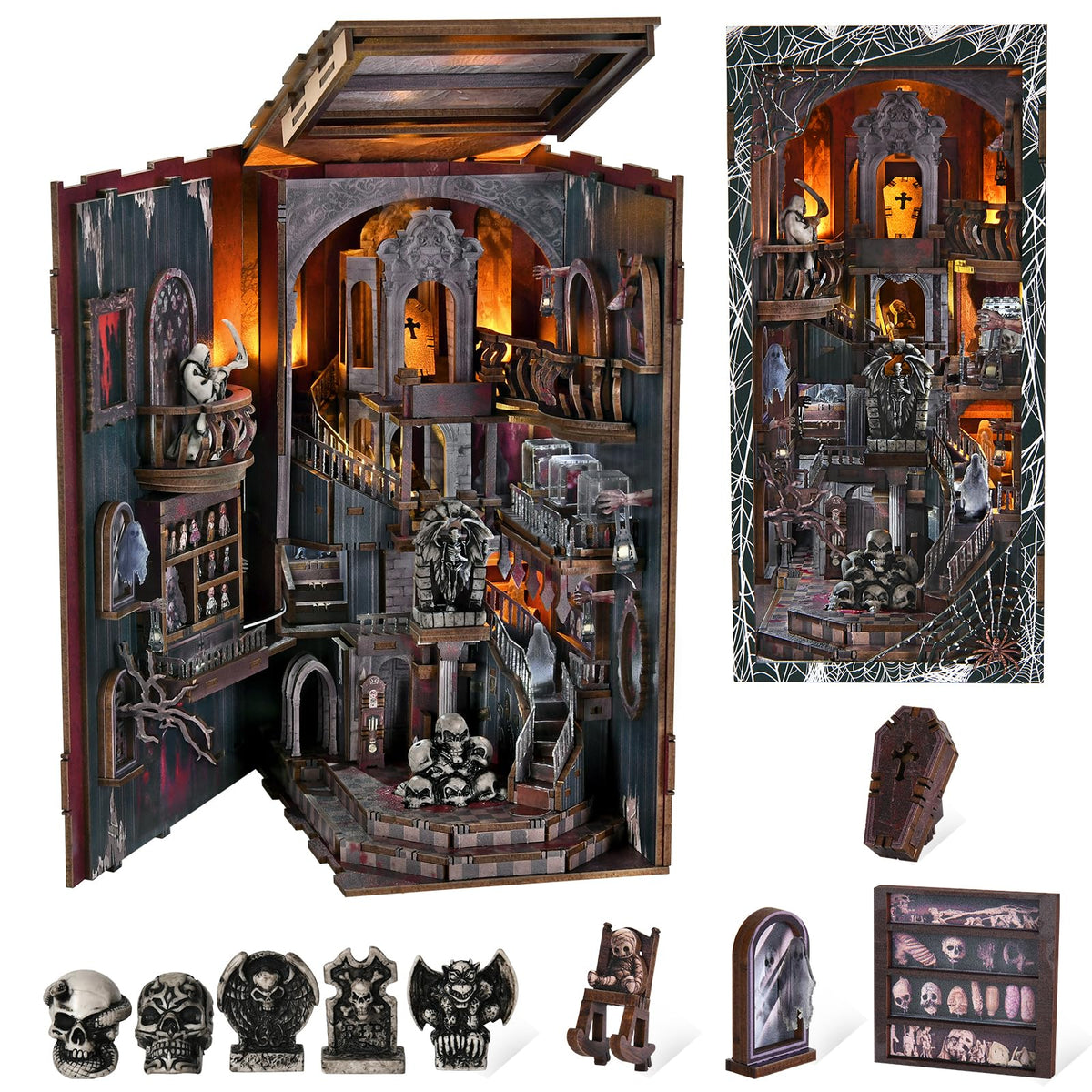 MiniCity Book Nook Kit featuring eerie ghosts enhances a haunted shelf display.