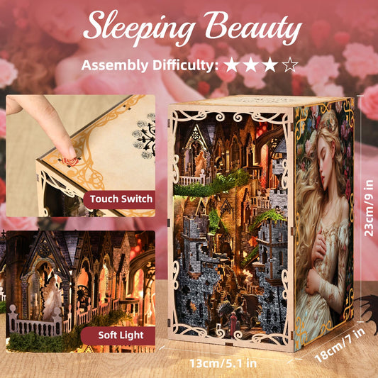 Minicity Book Nook Kit inner scene with castle and bookcase details.
