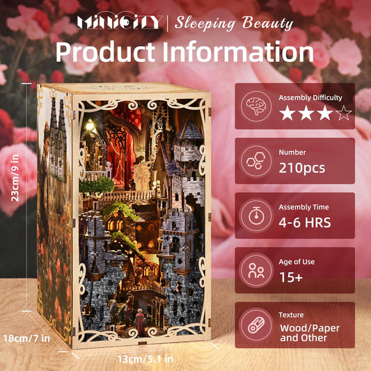MiniCity DIY Book Nook Sleeping Beauty LED closeup with warm light enhancing ambiance.