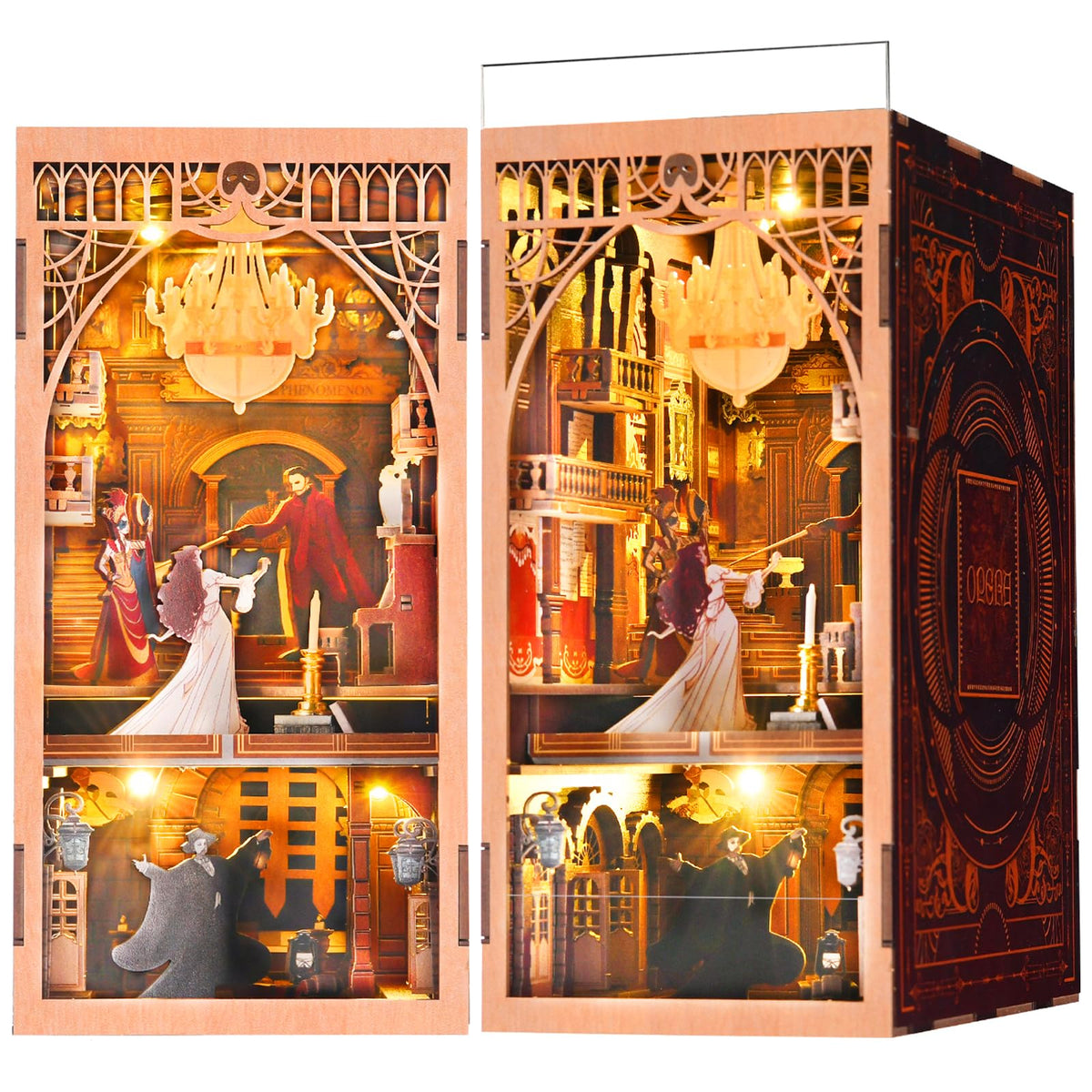 MiniCity Phantom Opera booknook front view with warm LEDs for cozy ambience.