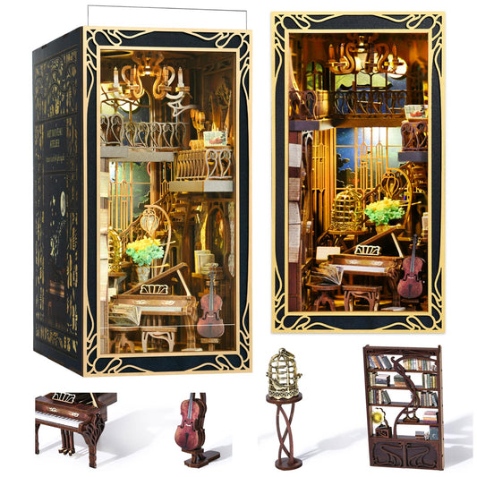 Minicity Pianist with Nightingale LED booknook glows for cozy reading spaces.