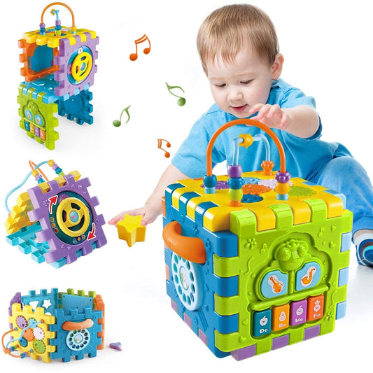 MiniFAIRY activity cube front face captures baby's attention with bright colors for early focus.