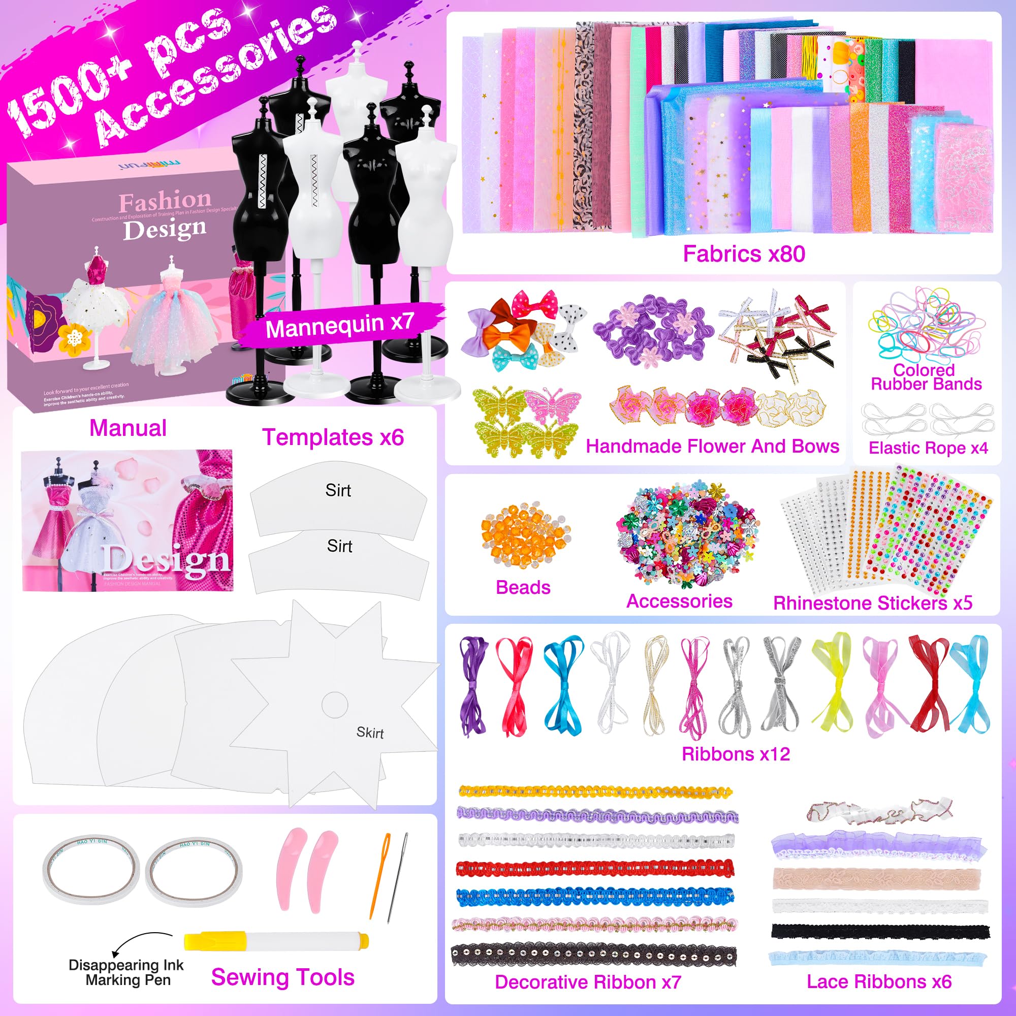 MINIFUN doll clothes kit includes beads, bows, and rhinestones