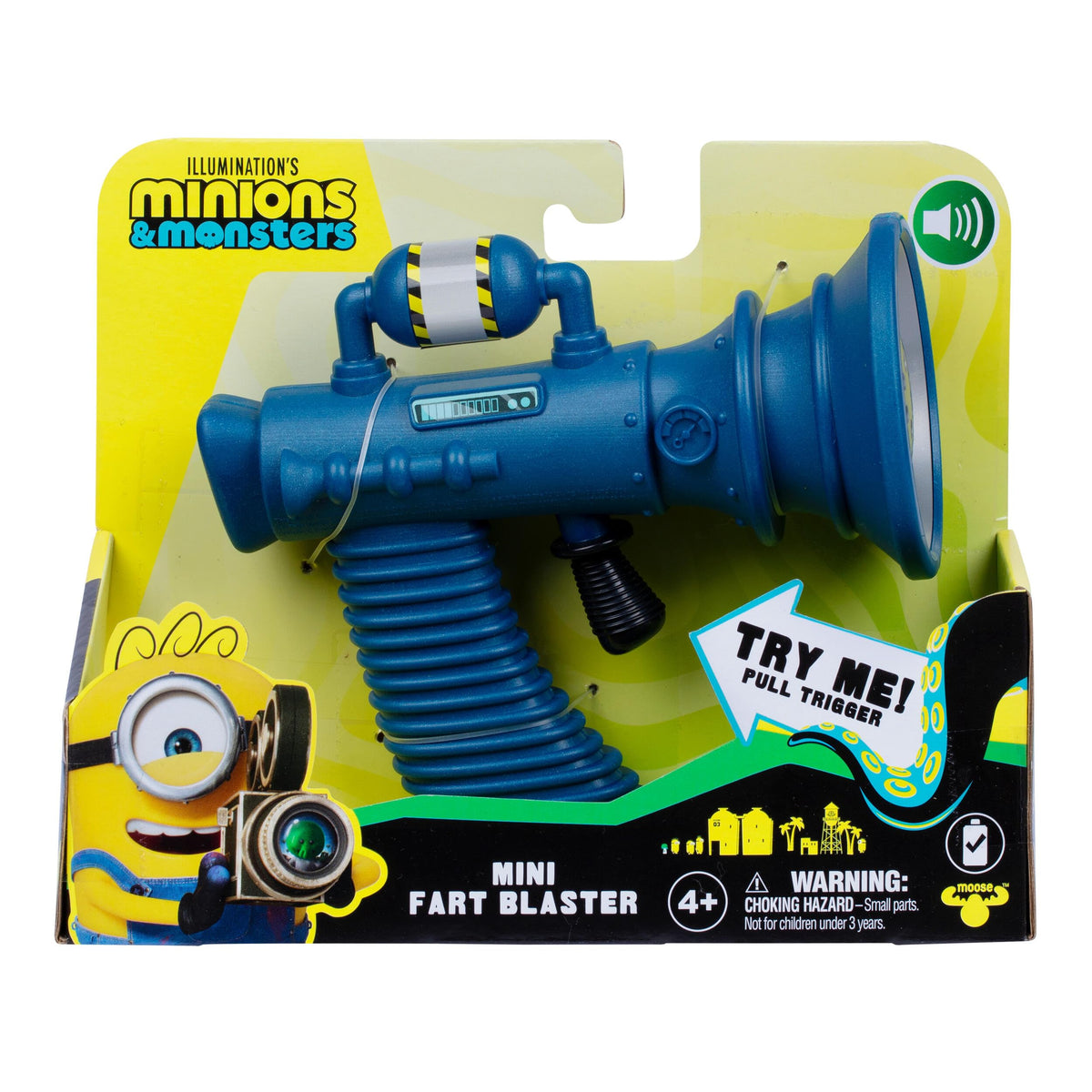 Minions mini fart blaster front packaging showing toy and branding for playful gifting