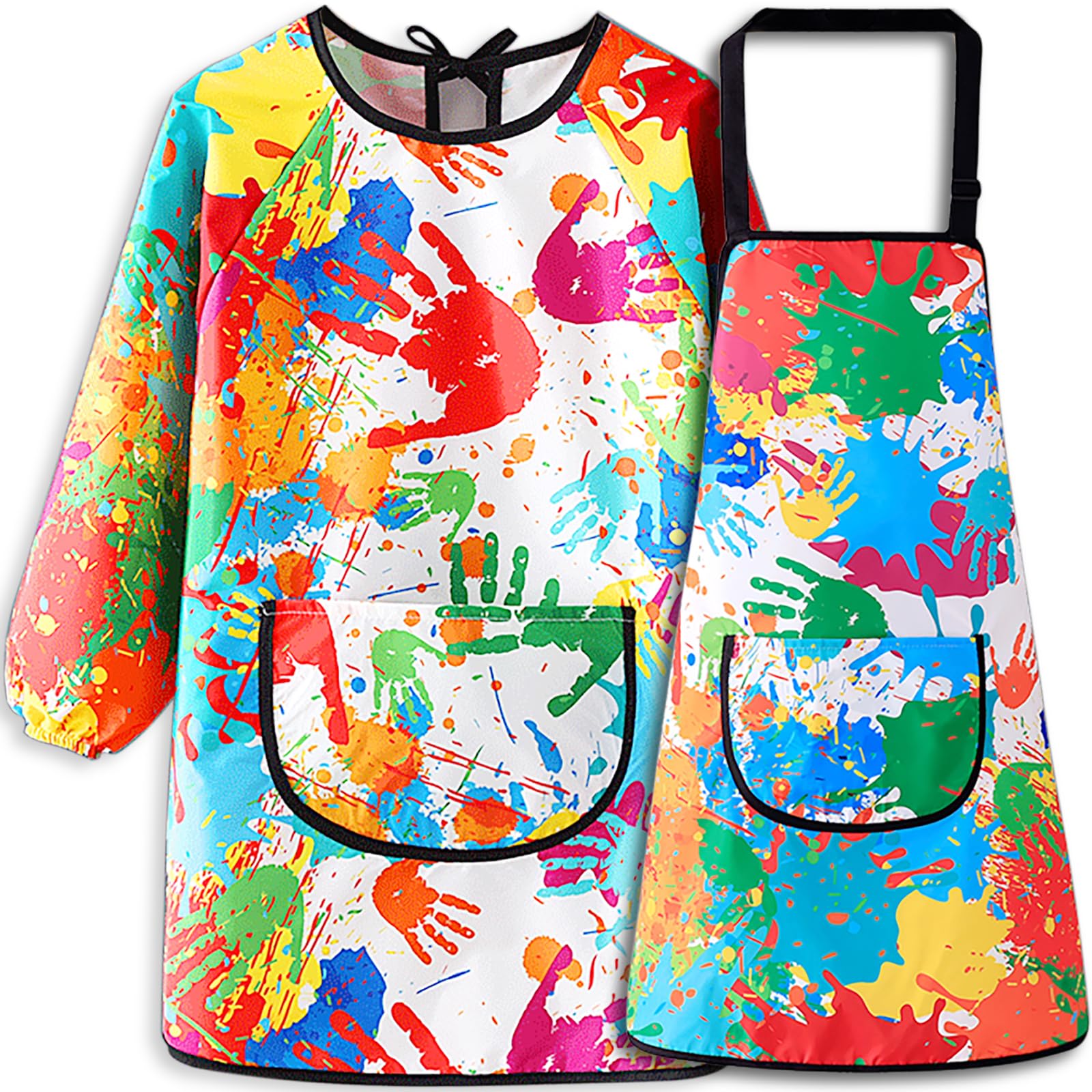 MINIQ kids art smock front view shows waterproof fabric for mess-free painting