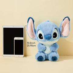 MINISO Stitch plush side angle highlights compact 10-inch size for travel.