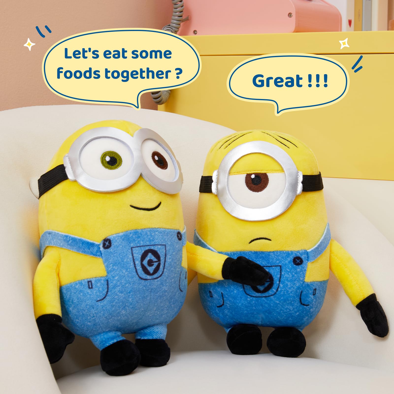 MINISO Stuart 9-inch plush tag highlights easy-clean maintenance and care.