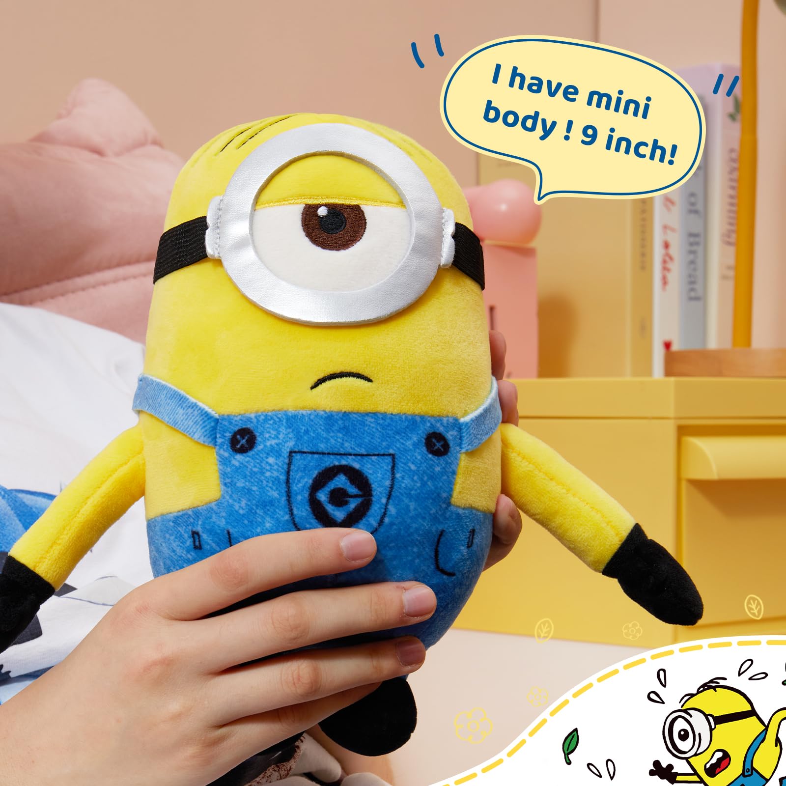 MINISO Stuart plush resting against a backpack demonstrates travel-friendly companion.