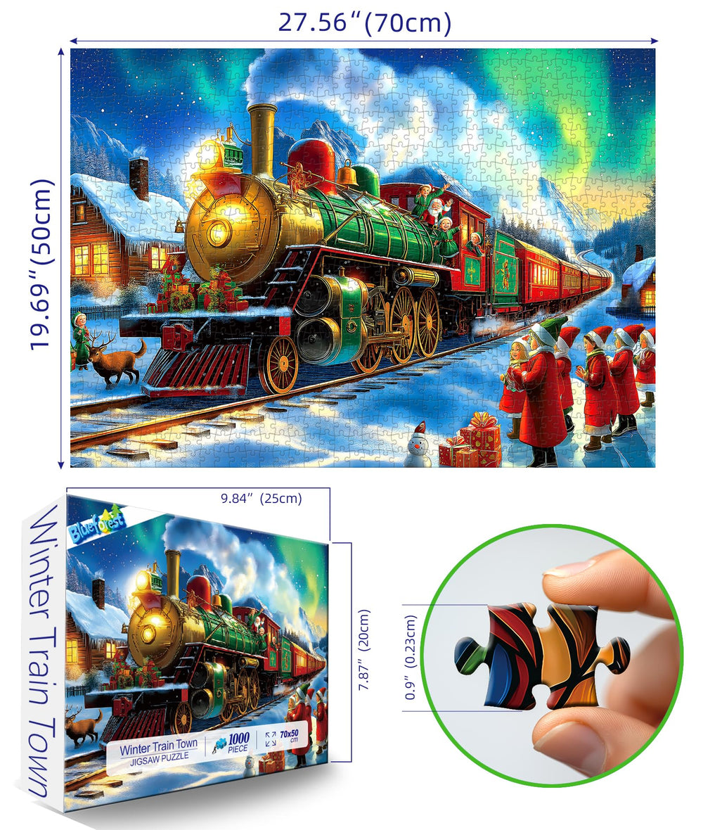 MINIWAN Christmas Train puzzle: northern lights winter scene enhances cozy family nights.