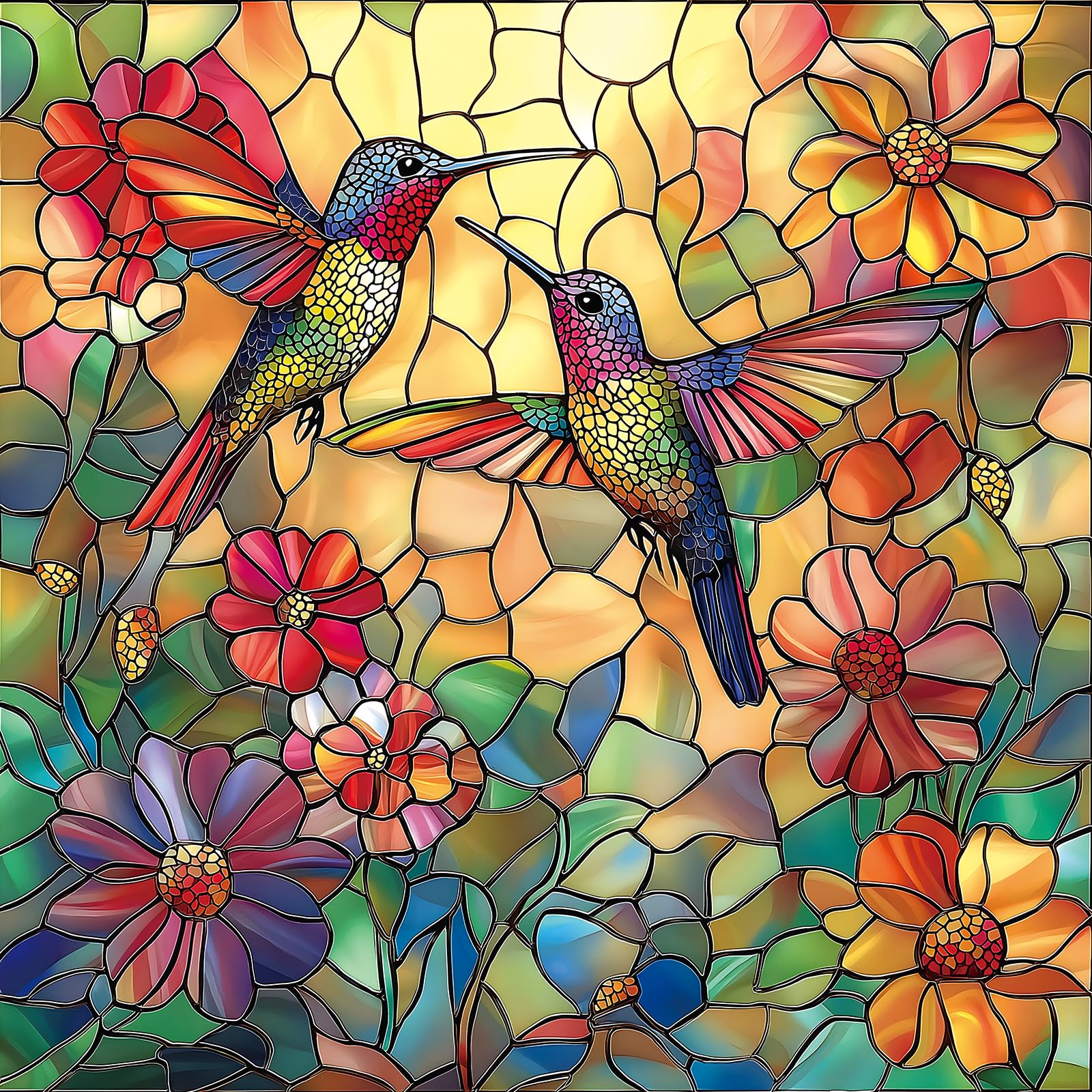 MINIWAN Hummingbird Flower puzzle close-up of stained-glass-inspired blooms for calm, immersive puzzling.