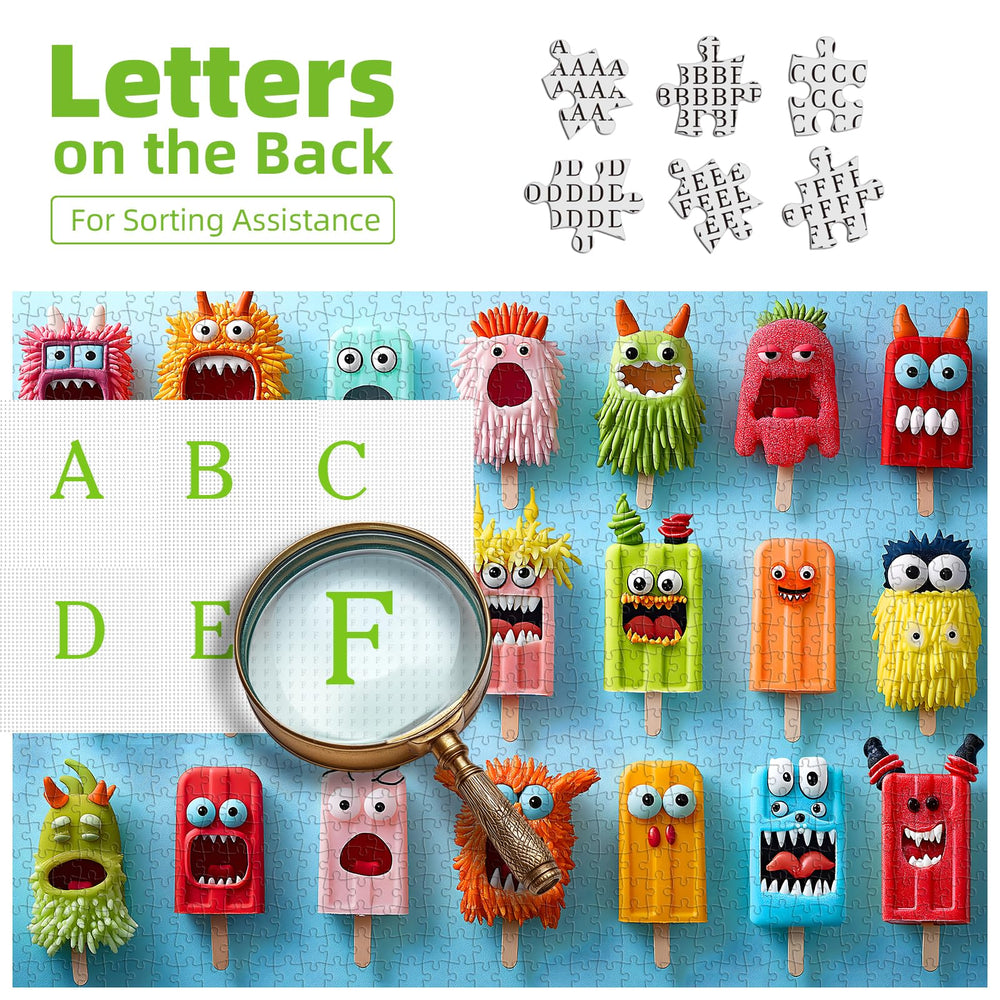 MINIWAN monster ice cream puzzle—letters on back aid efficient puzzle completion.