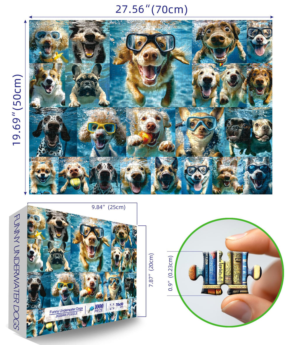 MINIWAN underwater dogs puzzle in progress shows vibrant colors and water splashes.
