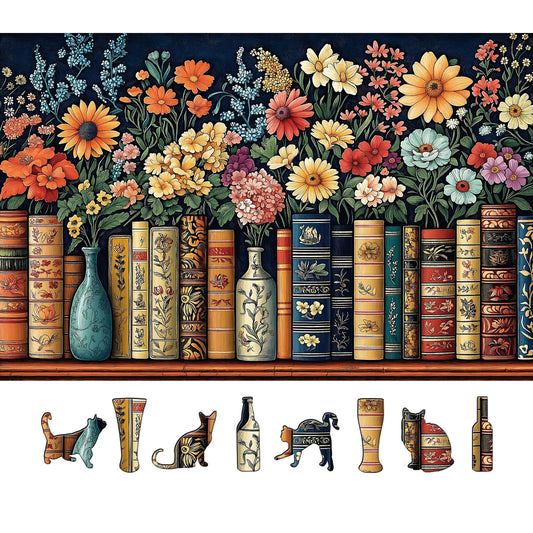 MINIWAN vintage books and flowers puzzle: vibrant library scene to inspire calm, focus.