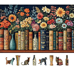 MINIWAN vintage books and flowers puzzle: vibrant library scene to inspire calm, focus.