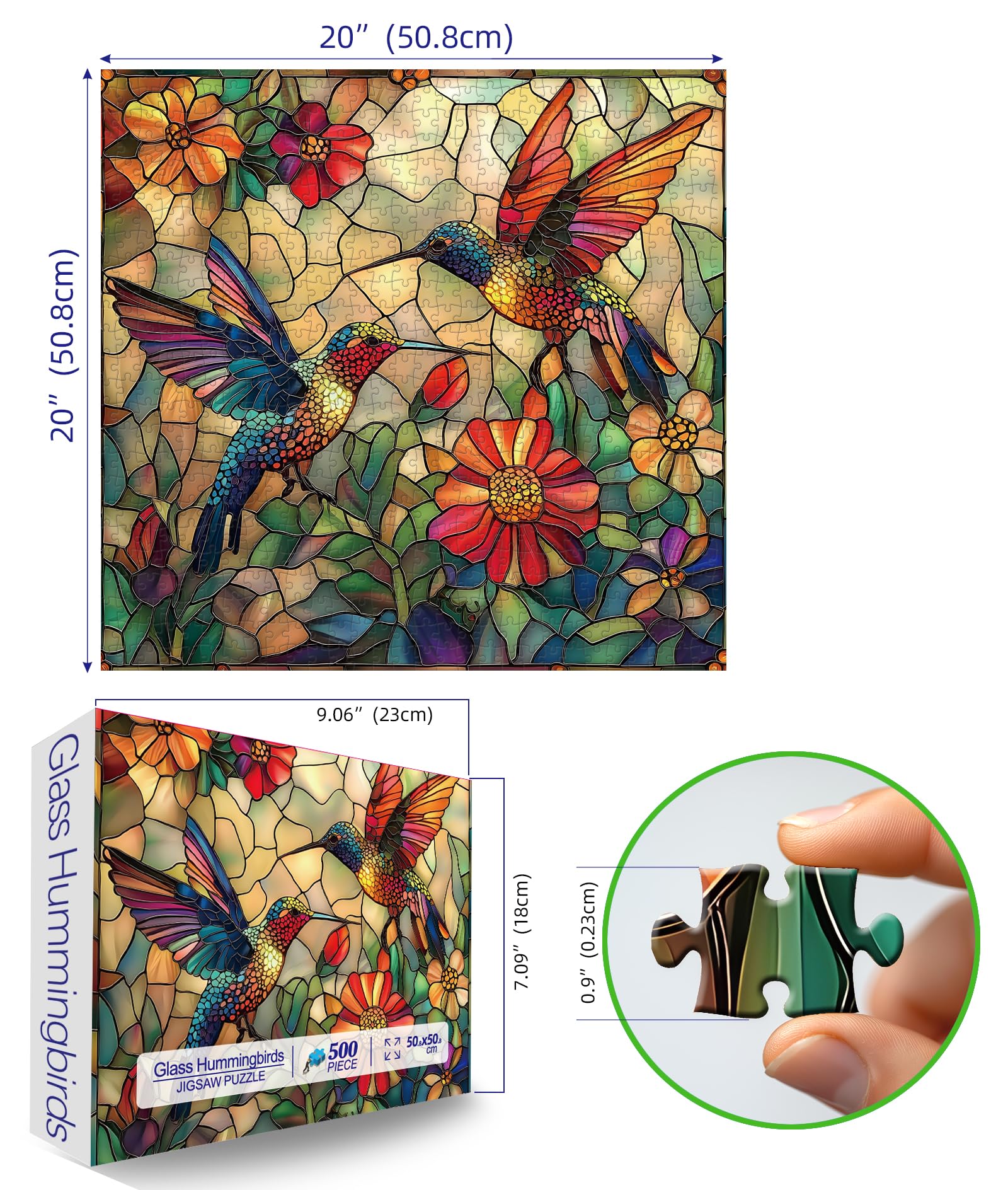 MINIWAN stained glass hummingbird image close-up emphasizes jewel tones and textured pieces.