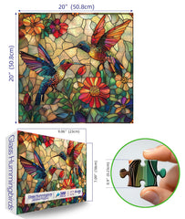 MINIWAN stained glass hummingbird image close-up emphasizes jewel tones and textured pieces.