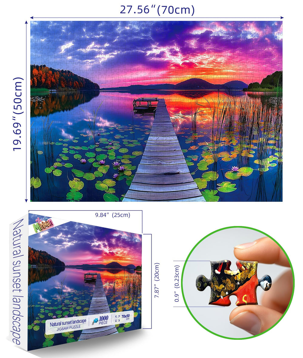 MINIWAN wooden dock with mountains—scenic backdrop for immersive puzzle play