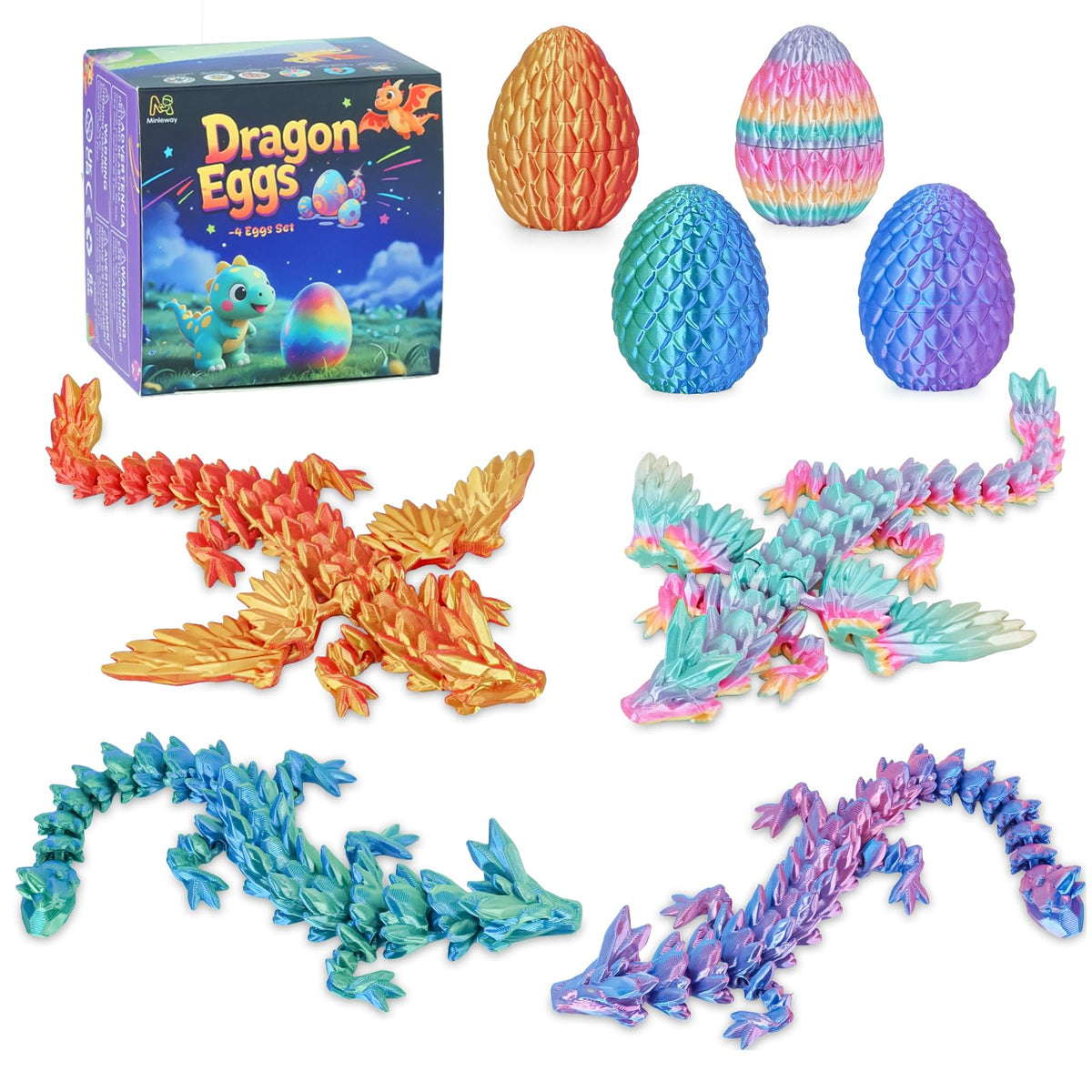Minleway dragon eggs with articulated dragons displayed as striking desk decor