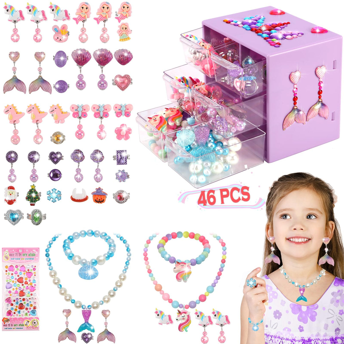 Mioram jewelry box with purple drawers keeps kids organized for dress-up play.
