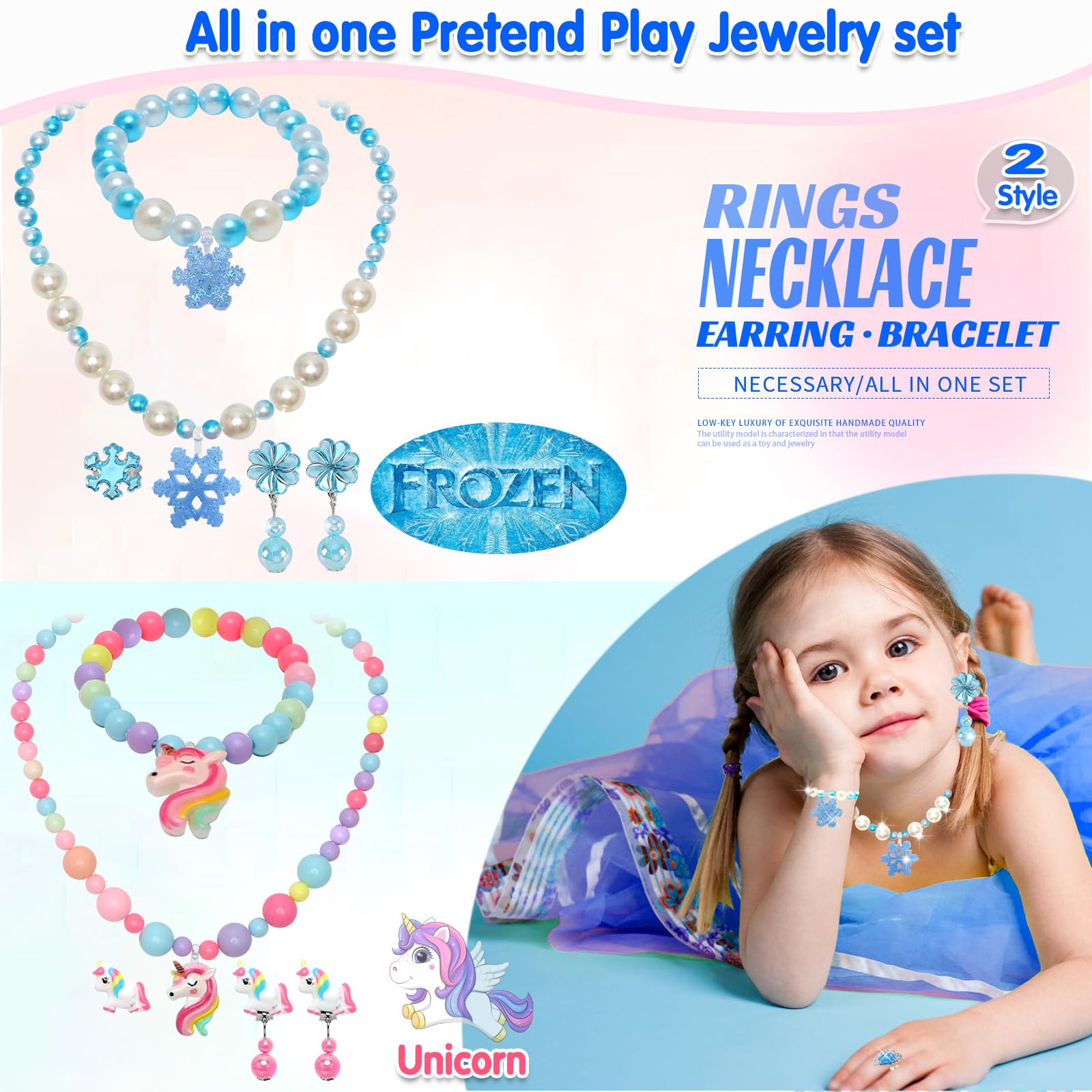 Mioram unicorn and Frozen pendant necklaces for imaginative dress-up.