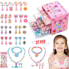 Mioram princess jewelry set displayed in pink organizer for pretend play fun.