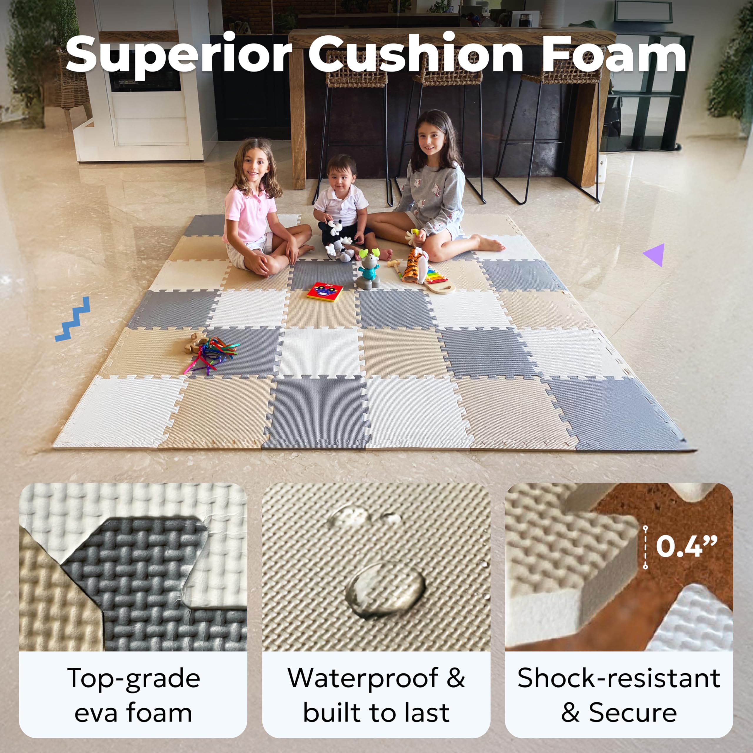 MioTetto interlocking tiles with borders create a polished nursery look.
