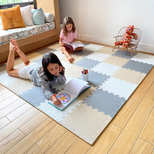 MioTetto Baby Play Mat interlocking tiles show a soft, non-toxic surface for tummy time.