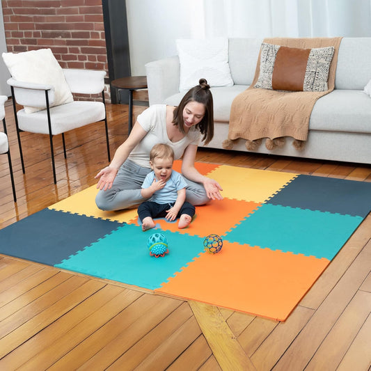 MioTetto baby play mat tiles with 12.4-inch interlocking edges for soft crawling.