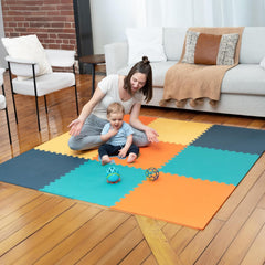 MioTetto baby play mat tiles with 12.4-inch interlocking edges for soft crawling.