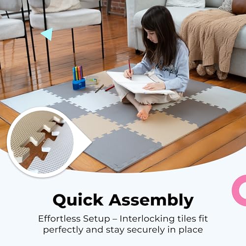 MioTetto puzzle mat colorways blend with nursery decor.
