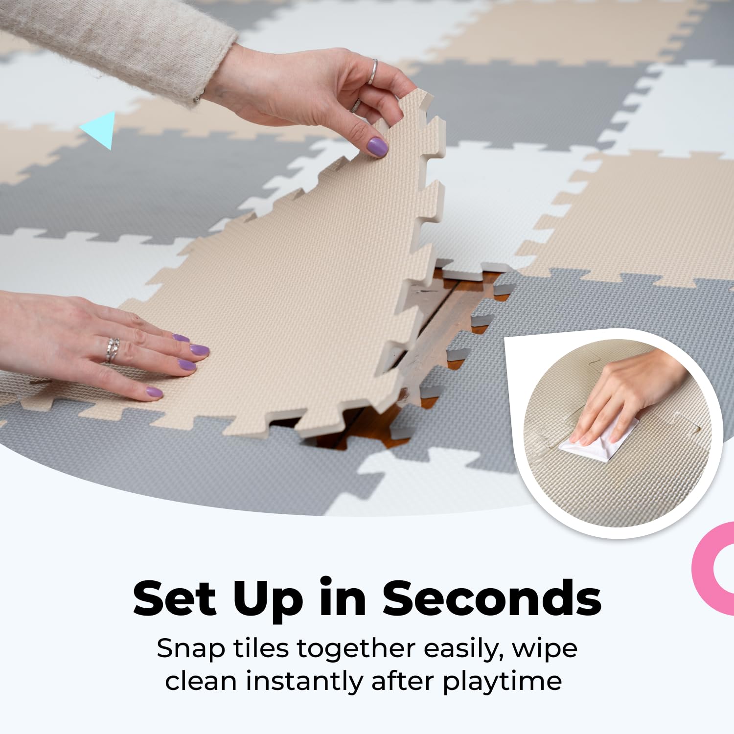 MioTetto waterproof EVA foam surface cleans easily after spills.