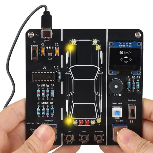 MiOYOOW DIY Car Driving Simulation kit front panel shows realistic controls for hands-on practice.