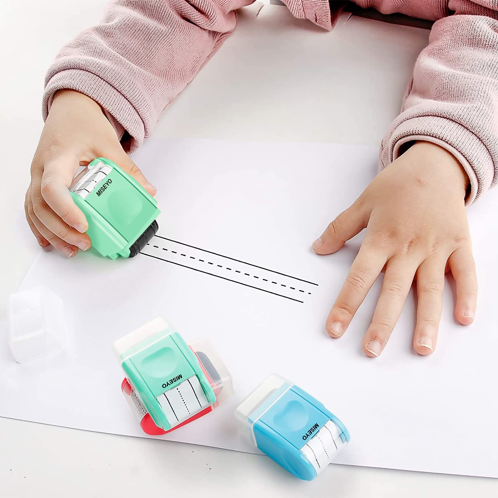Miseyo refillable ink stamp with side hole for easy ink refills.
