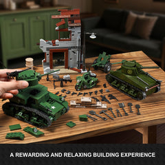 Mistbuy WW2 Army Tank Build Set includes sandbags and oil drums for fortified setups.
