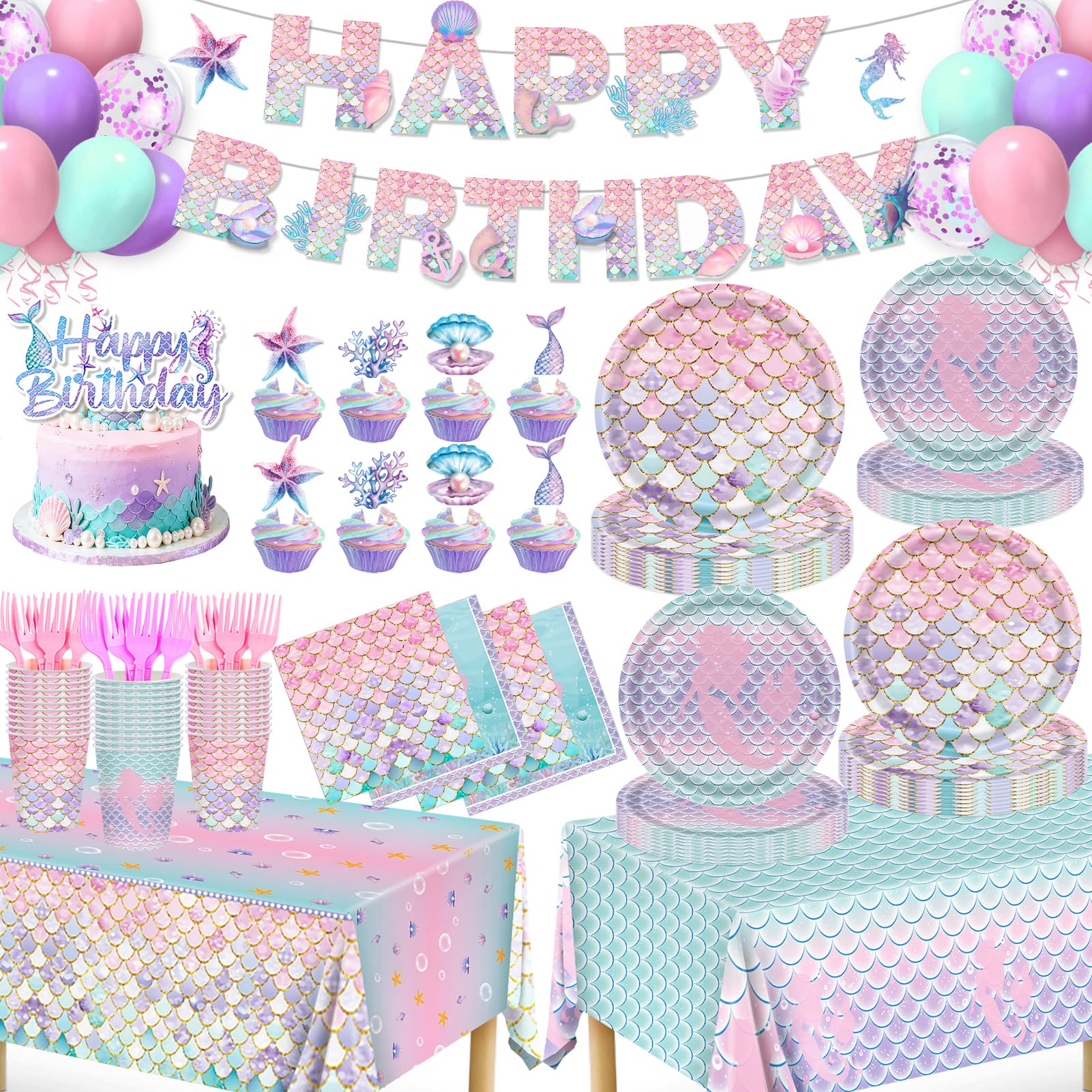 Miucat mermaid birthday banner enhances the ocean theme and photo opportunities